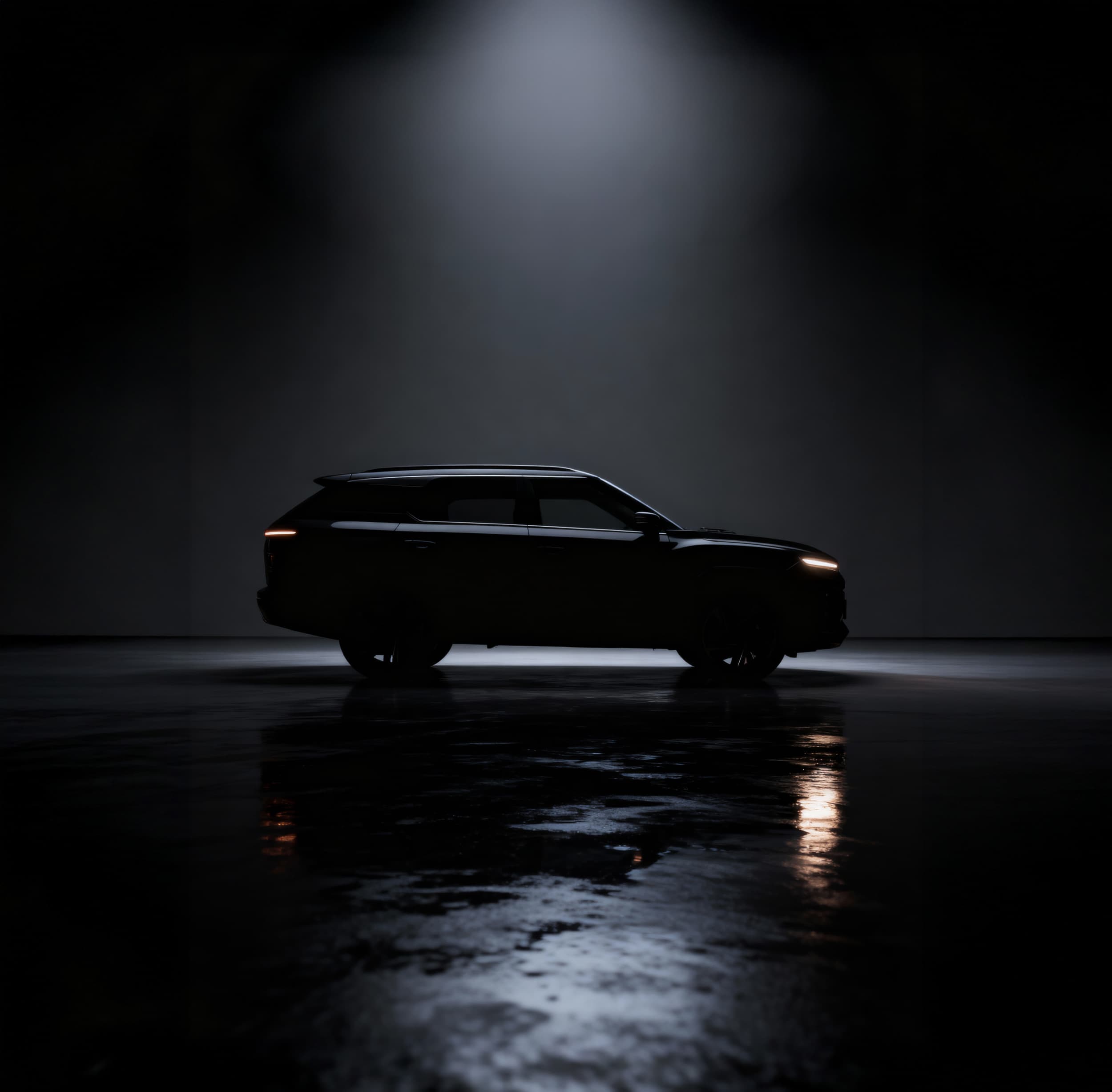 Silhouette of a car in a dimly lit setting, with reflections on the wet floor, creating a dramatic and mysterious atmosphere.