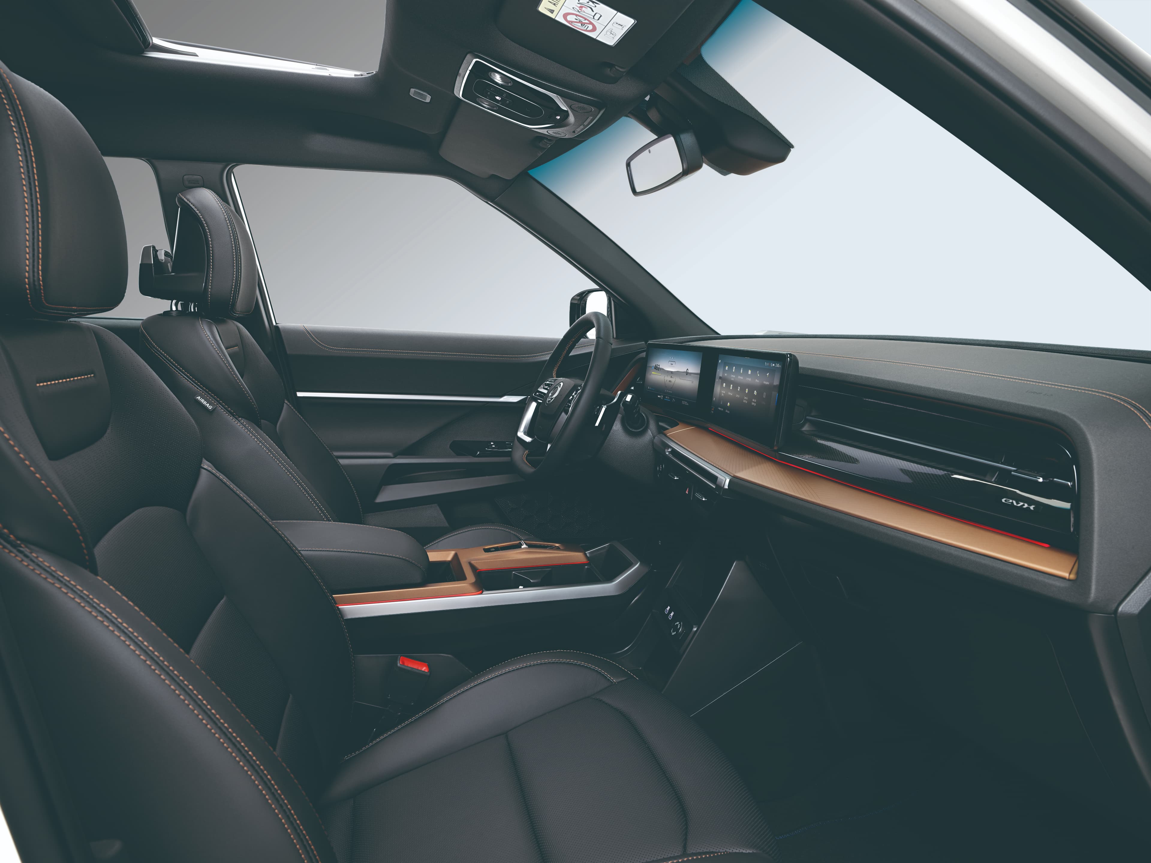 Het zijaanzicht van het zwarte interieur van de Torres EVX met bronze accenten